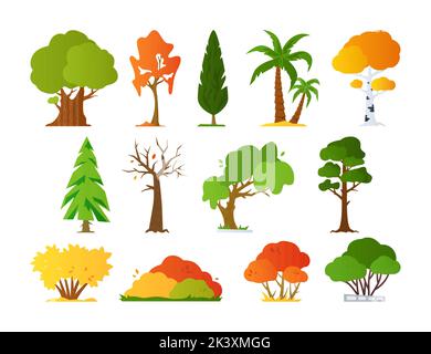 Summer and autumn trees - flat design style objects set Stock Vector