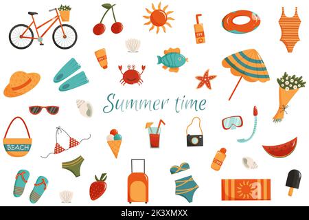 Summer time vector clip art. Set of summer clothes, fruits, beach and vacation items, sea animals perfect for stickers, web design, posters, cards, lo Stock Vector