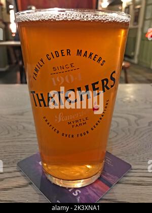 Pint of Thatcher's, Somerset Myrtle Farm Cider, in a pub table & beermat Stock Photo