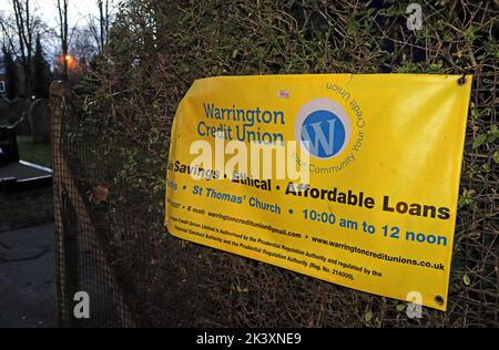 Warrington credit Union sign, Savings, Ethical, Affordable Loans, St Thomas, Stockton Heath, Warrington, Cheshire, England, UK Stock Photo