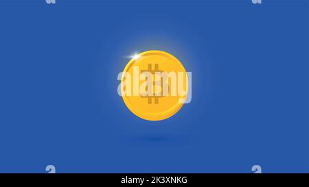 Shiny and floating Bitcoin coin. BTC cryptocurrency isolated on a blue background. Stock Vector