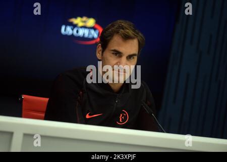 Queens, United States Of America. 26th Aug, 2017. NEW YORK, USA - AUGUST 26: Roger Federer speaks during a press conference ahead of 2017 US Open Tennis Championships which will be held on August 28-September 10 at Billie Jean King National Tennis Center, in New York, United States on August 26, 2017. People: Roger Federer Credit: Storms Media Group/Alamy Live News Stock Photo