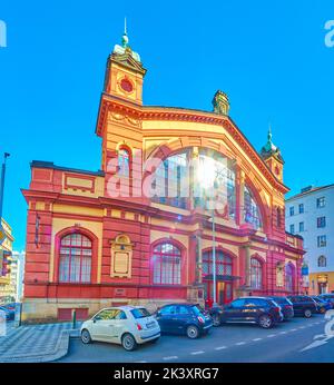 PRAGUE, CZECH REPUBLIC - MARCH 12, 2022: Facade of Vinohradsky Pavilon, the shopping mall in industrial style in Vinohrady neighborhood, on March 12 i Stock Photo