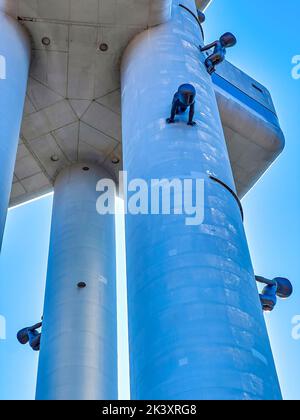 PRAGUE, CZECH REPUBLIC - MARCH 12, 2022: Crawling sculptures of Babies the the most notable elements of Zizkov TV Tower, on March 12 in Prague, Czech Stock Photo