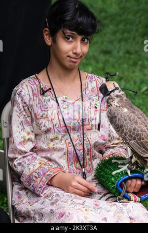 Young Arab Girl from Abu Dhabi Holding a Falcon at a Folklife Festival. Stock Photo