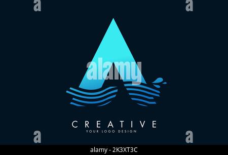 Blue A Letter Logo with Waves and Water Drops Design Vector Illustration. Stock Vector