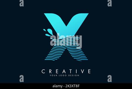 Blue X Letter Logo with Waves and Water Drops Design Vector Illustration. Stock Vector