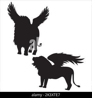 Vector Set Of Winged Lion Silhouettes Illustration Isolated On White Background Stock Vector