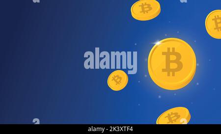 Shiny and floating Bitcoin coins. BTC cryptocurrency on a blue background. Stock Vector