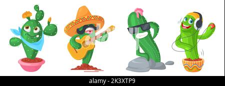 Funny cactus character vector cartoon illustration. Kawaii cacti in pot and natural flower set. Cute smiling emoticon isolated on white background. Pr Stock Vector