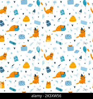 Vector seamless pattern with funny birthday cats on white background. Colorful wallpaper with cats, birthday cake and candles, gifts, balloons in blue Stock Vector