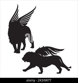 Vector Set Of Winged Lion Silhouettes Illustration Isolated On White Background Stock Vector
