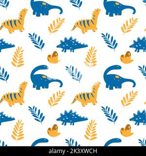 Vector seamless pattern with dinosaurs and leaves in cartoon flat childish style. Animal kids illustration background in blue and yellow colors for te Stock Vector