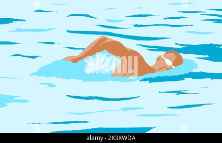 man swimming free style in a pool vector image color flat Stock Vector