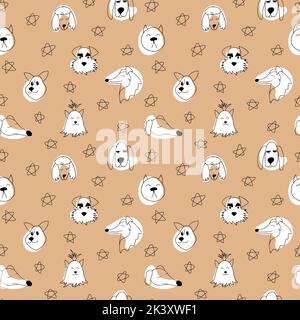 Vector seamless pattern with outline dogs of different breeds. Doodle cartoon illustration of pets on a beige background for textile, card, product de Stock Vector