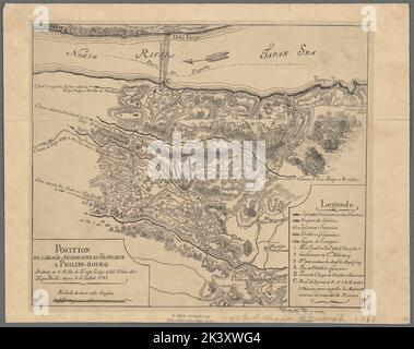 Position de l'armée Américaine et Française a Philips-Bourg: distante de 12 milles de Kings-bridge et 25 milles de New-York depuis le 6 Juillet 1781 Cartographic. Maps. 1880. Lionel Pincus and Princess Firyal Map Division. Philipsbourg, Hudson River, New York , Military art and science, New York (State) , History , Revolution, 1775-1783, United States , History , Revolution, 1775-1783, Sleepy Hollow (N.Y.) Stock Photo