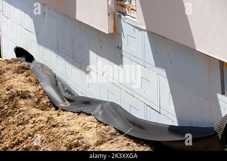 House foundation insulation details with waterproofing membrane Stock Photo