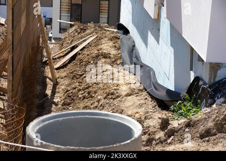House foundation insulation details with waterproofing membrane Stock Photo