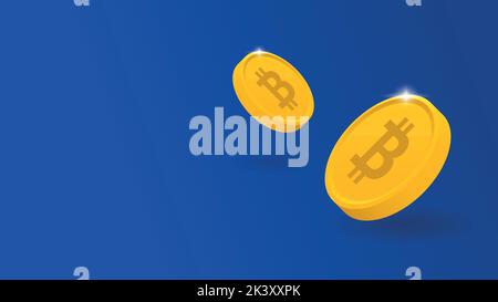 Shiny and floating Bitcoin coins. BTC cryptocurrency on a blue background. Stock Vector