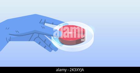 scientist hand holding cultured red raw fish meat made from animal cells artificial lab grown meat production Stock Vector