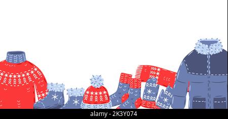 Background with warm winter clothes. Illustration for advertising and marketing. Stock Vector