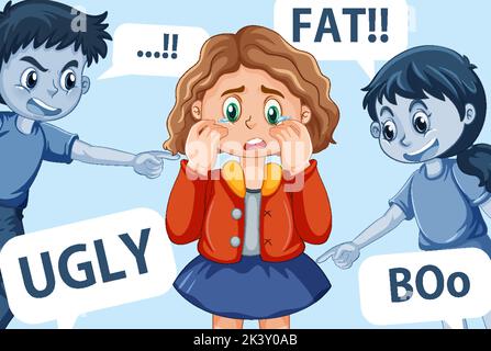 Sad girl surrounded by bullying words illustration Stock Vector