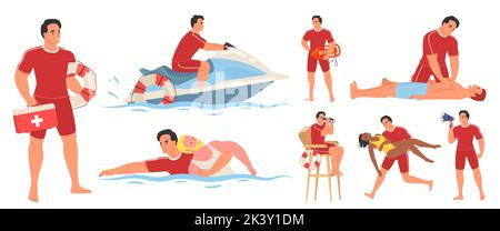 Beach lifeguard character flat vector illustration. Water rescue duty. Rescuer man at work swimming on boat, saving woman and male person life, holdin Stock Vector