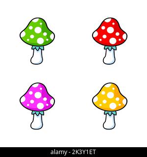 Mini set of illustrations of fly agarics in yellow and green, pink and red colors, in pop art style. Stickers, badges, pins. Stock Vector