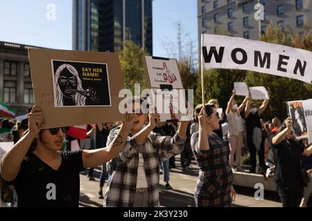 Vancouver, Canada - September 25,2022: Huge rally in support of Iranian protests(due to Mahsa Amini death) in front of Vancouver Art Gallery Stock Photo