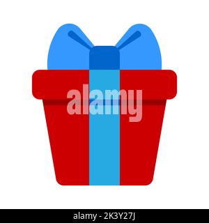 Red gift box with blue ribbon and bow. Vector illustration, cartoon style. Stock Vector