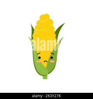 Cute corn cob sad cartoon baby snack character vector icon. Stock Vector