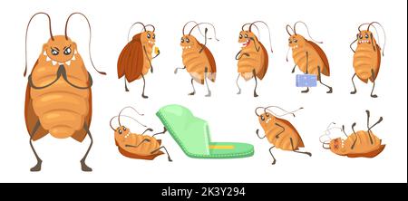 Cute cockroach vector cartoon character set. Funny pest with different emotion and expression illustration. Kawaii insect animal isolated on white bac Stock Vector