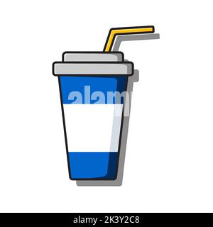 Flat image of a blue glass with a drink and a drinking straw. Vector color illustration Stock Vector