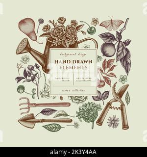 Gardening square card or invitation design. Frame design with watering can, apples, cherry, rose, pears, shovel, rake, secateurs, chamomile, sunflower Stock Vector