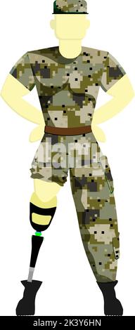 soldier on a prosthesis in military uniform. Disabled person with a prosthesis. Prosthetics. Vector illustration of a serviceman. Stock Vector