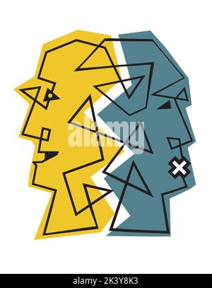 Schizophrenia, depression, bipolar disorder, male heads, lineart.   Illustration of connected Male heads. Concept symbolizing mental illness. Stock Vector