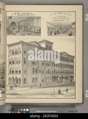 D.R. Grant, City Steam Bakery. Binghamton, N.Y.; T.W. Whitney, Watches, Fine Jewelry & Corner Court & Washington Streets, Binghamton, N.Y.; The First National Bank Building, Corner Court & Washington Sts, Binghamton, N.Y. ; Boss & Payfair, Billards. Boss Pale Ale Drawn From Wood.; The Bennett Block., Washington Street. Cartographic. Atlases, Maps. 1876. Lionel Pincus and Princess Firyal Map Division. Broome County (N.Y.), Interiors , New York (State), Binghamton (N.Y.), Bakeries, Banks, Jewelry stores Stock Photo