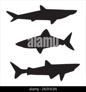 Vector Set Of Sharks Silhouettes Illustration Isolated On White Background Stock Vector