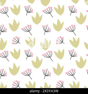 Pink berries scandinavian style on branch seamless pattern. Stock Vector