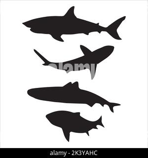 Vector Set Of Sharks Silhouettes Illustration Isolated On White Background Stock Vector