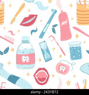 Seamless pattern with hand drawn dental care products in cartoon flat style. Vector illustration of mouth wash, toothbrush, toothpaste tube, floss, in Stock Vector