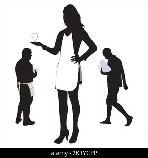 Vector Set Of Waiter And Waitress At Restaurant Silhouettes Illustration Isolated On White Background Stock Vector