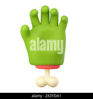 3d zombie hand in plastic cartoon style. Grab fingers gesture. Green monster Halloween character palm with bone. High quality isolated render Stock Photo