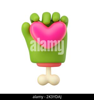 3d zombie hand in plastic cartoon style. Green monster Halloween character palms with bones holding pink heart. High quality isolated render Stock Photo