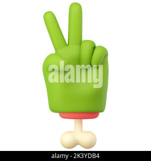 3d zombie hand in plastic cartoon style. Peace fingers gesture. Green monster Halloween character palm with bone. High quality isolated render Stock Photo