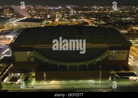 A general overall aerial view of Chase Field at night, Tuesday, Sept. 27, 2022, in Phoenix. The Stadium, formerly Bank One Ballpark, is the home of the Arizona Diamondbacks. Stock Photo