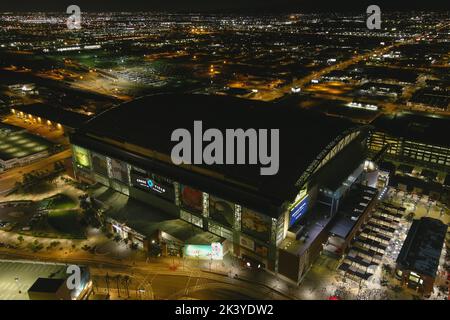 A general overall aerial view of Chase Field at night, Tuesday, Sept. 27, 2022, in Phoenix. The Stadium, formerly Bank One Ballpark, is the home of the Arizona Diamondbacks. Stock Photo