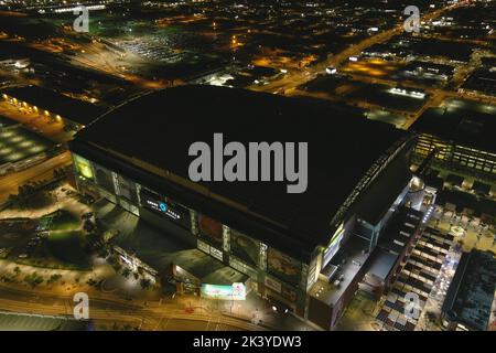 A general overall aerial view of Chase Field at night, Tuesday, Sept. 27, 2022, in Phoenix. The Stadium, formerly Bank One Ballpark, is the home of the Arizona Diamondbacks. Stock Photo