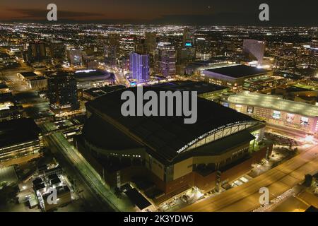 A general overall aerial view of Chase Field at night, Tuesday, Sept. 27, 2022, in Phoenix. The Stadium, formerly Bank One Ballpark, is the home of the Arizona Diamondbacks. Stock Photo