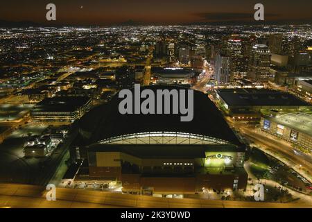 A general overall aerial view of Chase Field at night, Tuesday, Sept. 27, 2022, in Phoenix. The Stadium, formerly Bank One Ballpark, is the home of the Arizona Diamondbacks. Stock Photo